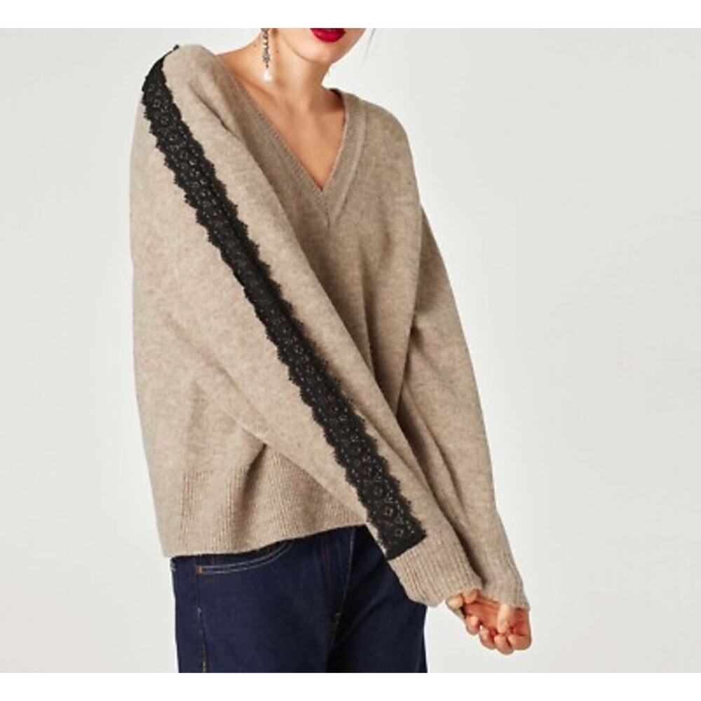 ZARA Women's Knit Sweater With Lace Detail Size S In Beige - Picture 2 of 7